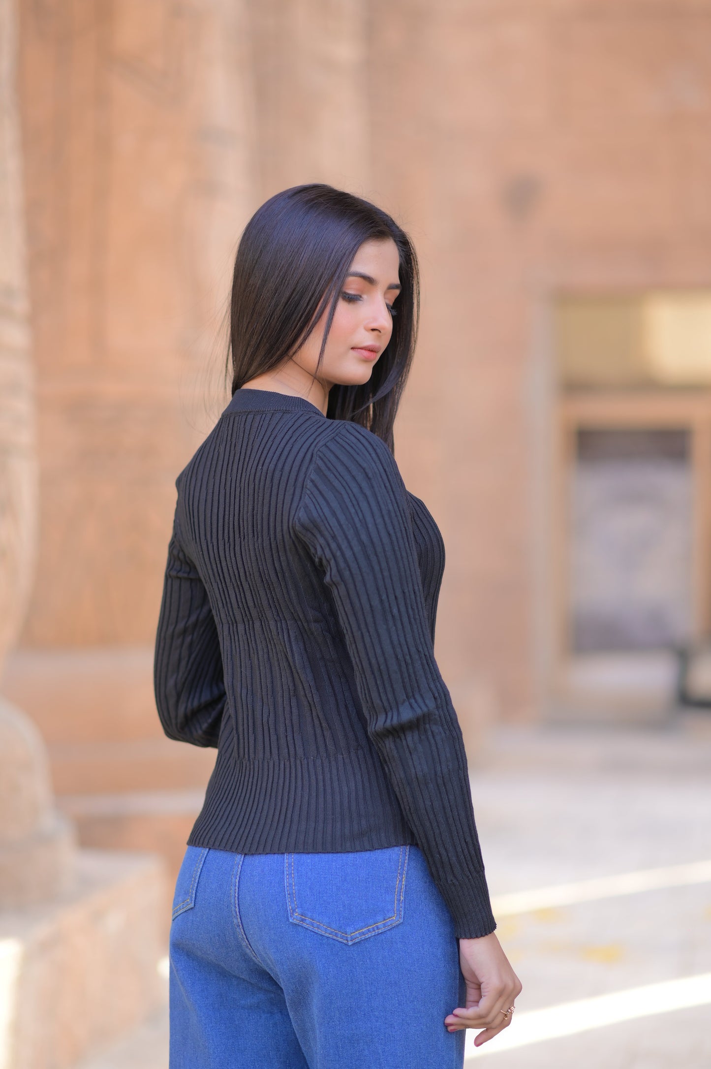 LONG SLEEVE CREW NECK PLAIN RIBBED KNIT TOP