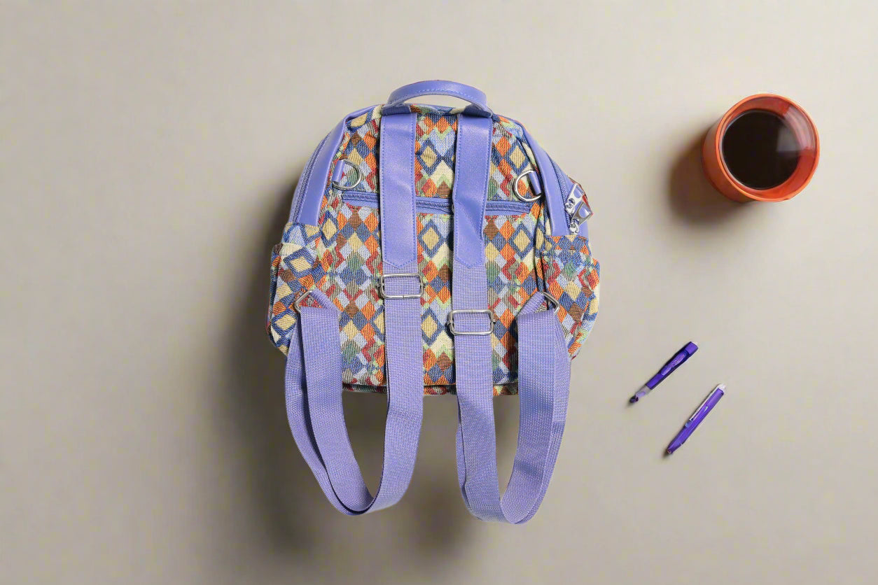 Colorful Geometric Mini Backpack with Purple Straps